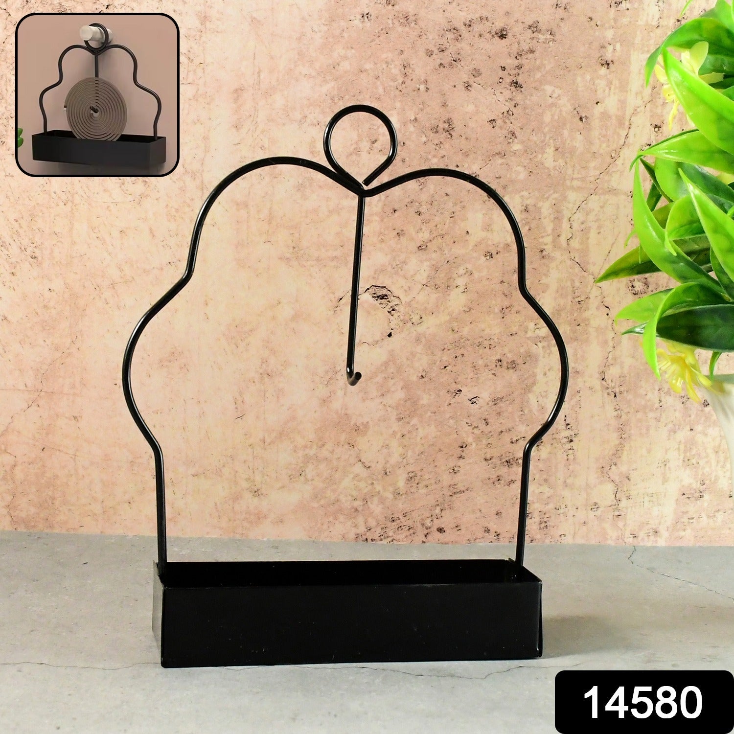Side view of a mosquito coil holder with vertical hook and ash collection tray
