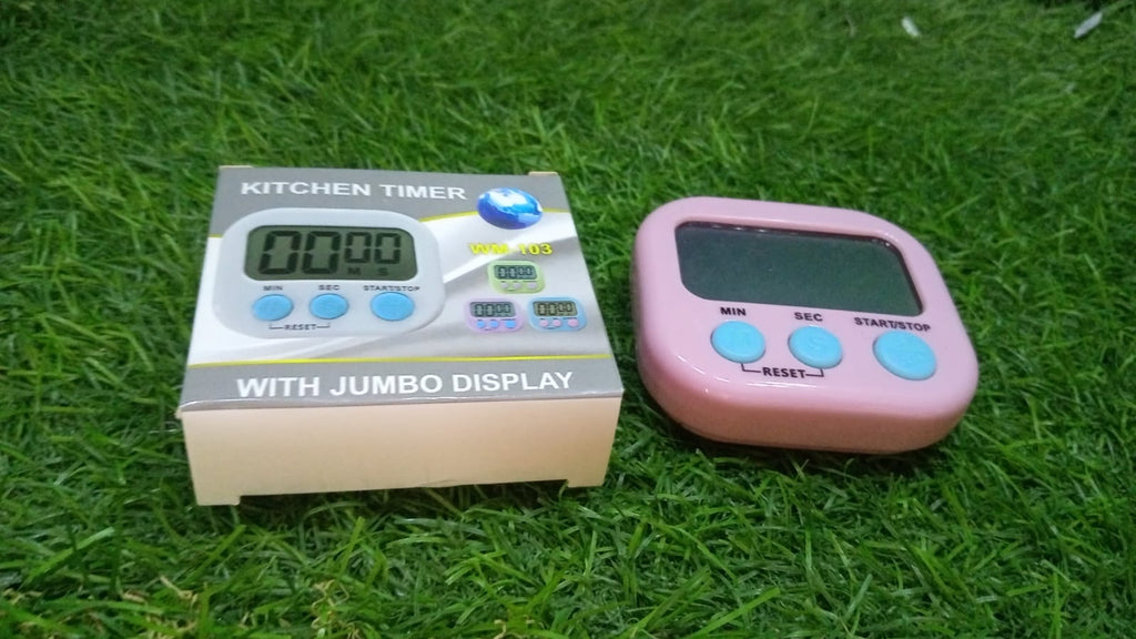 Digital kitchen timer with a retractable stand for versatile placement.