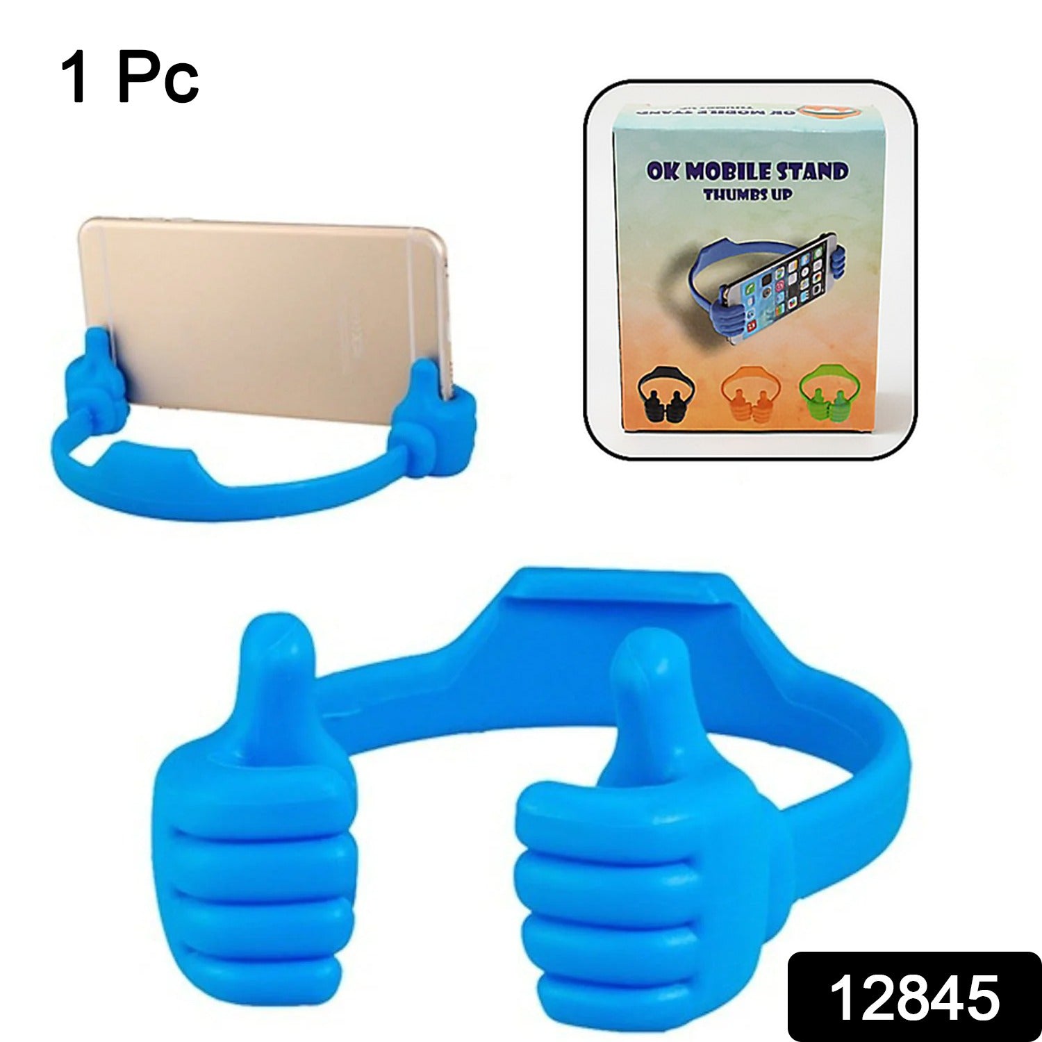 White hand-shaped phone holder securely supporting a smartphone on a wooden desk.