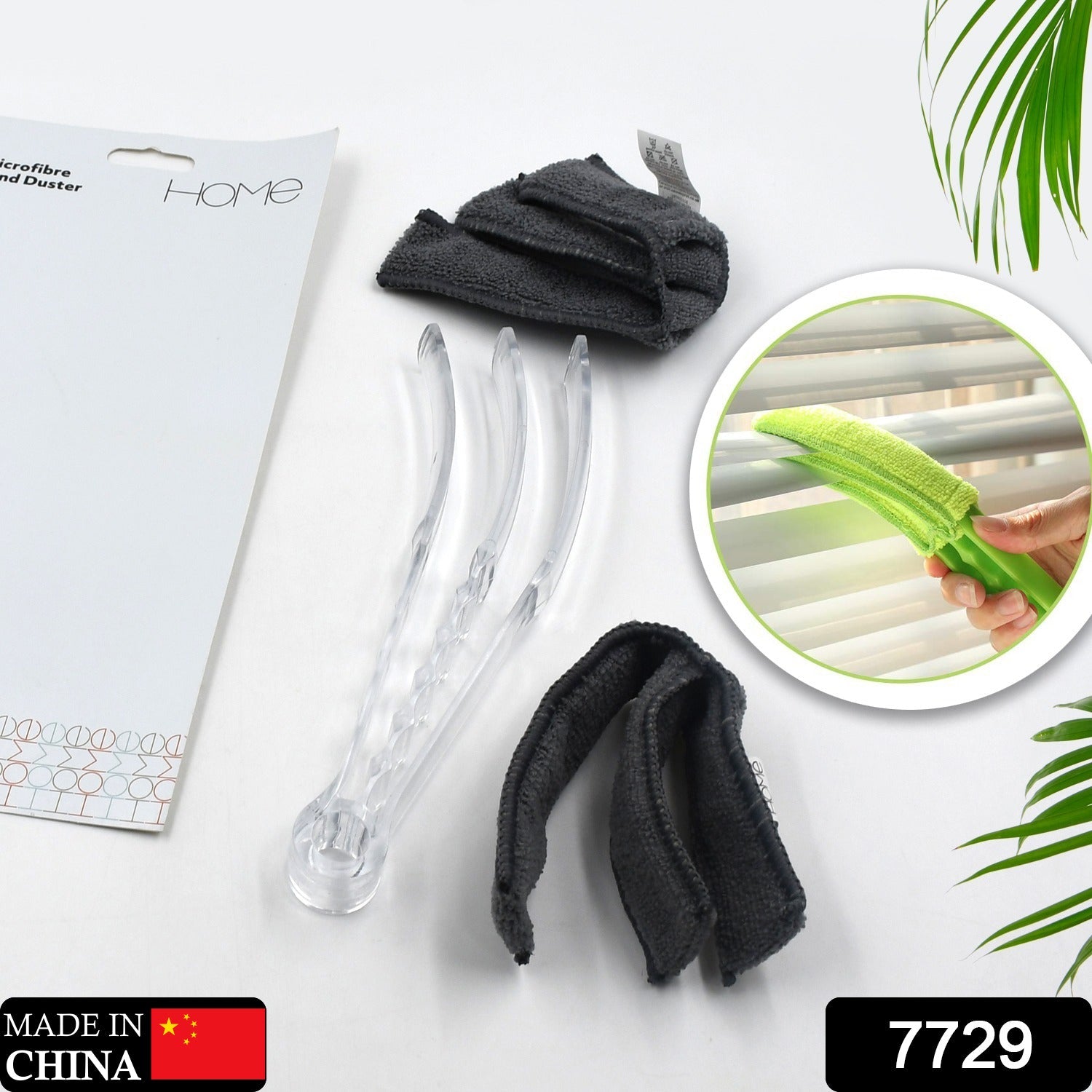 The Velvet Wipe window blind cleaner brush displayed with its packaging and detachable microfiber sleeves.