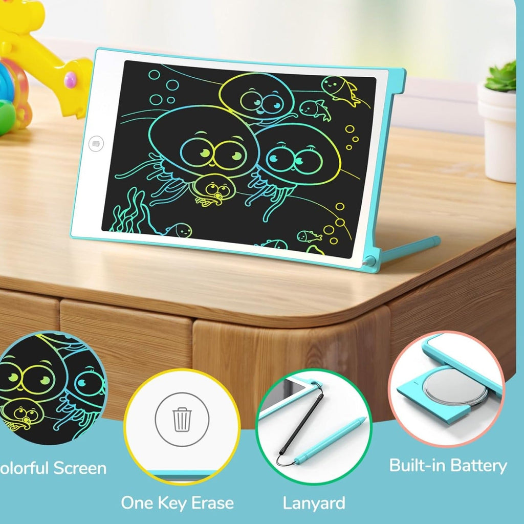 A child actively drawing on the eco-friendly writing pad with the stylus.