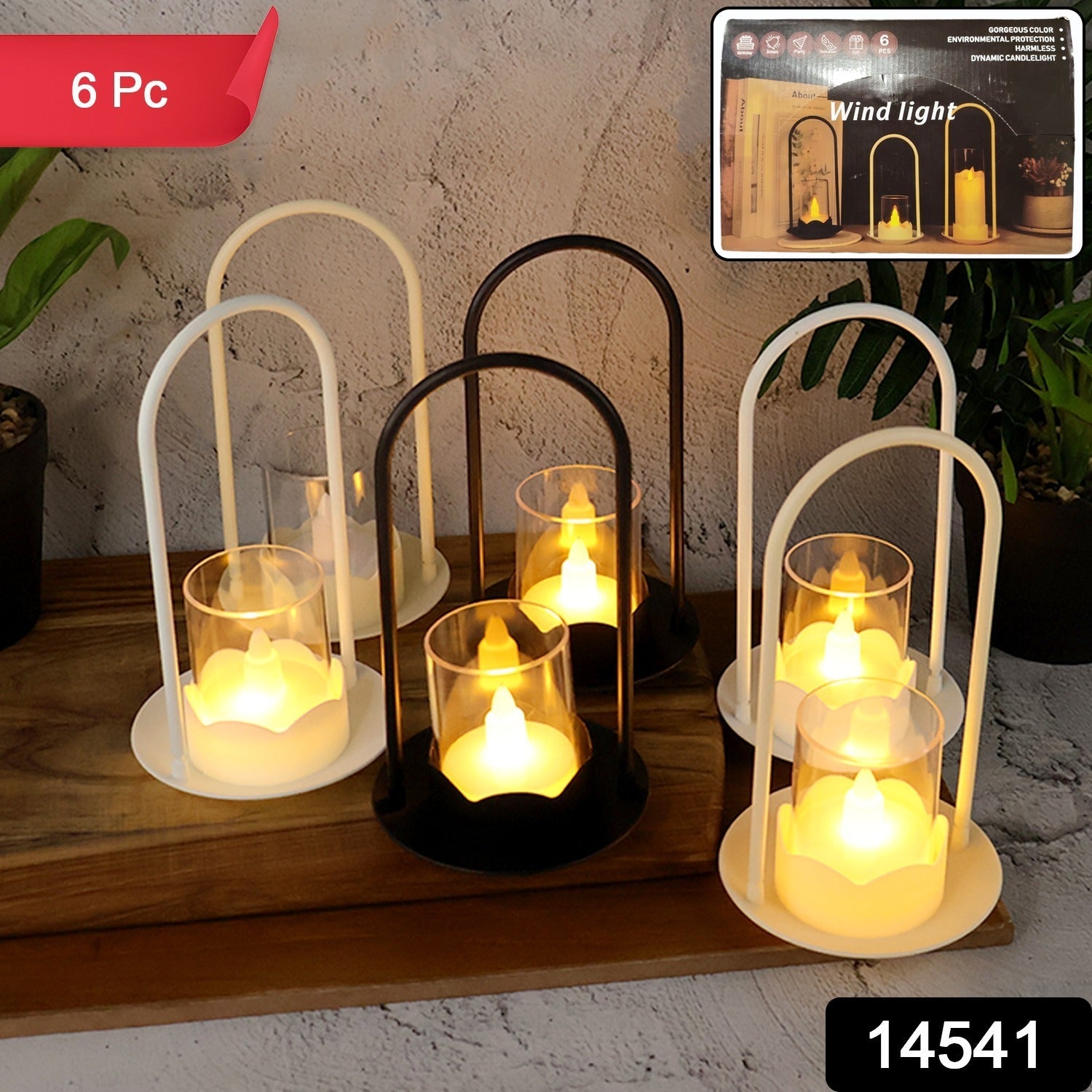 Close-up of plastic flameless LED candle lamps with flickering glow