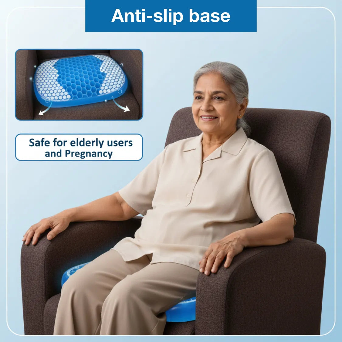 Detailed view of the gel orthopedic cushion's dimensions and features.