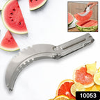 Close-up of the sharp stainless steel blades of the watermelon corer tool.
