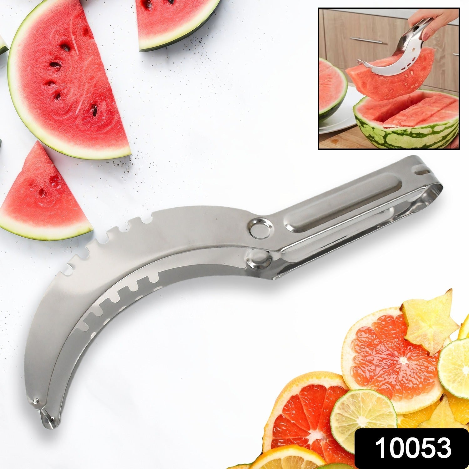 Close-up of the sharp stainless steel blades of the watermelon corer tool.