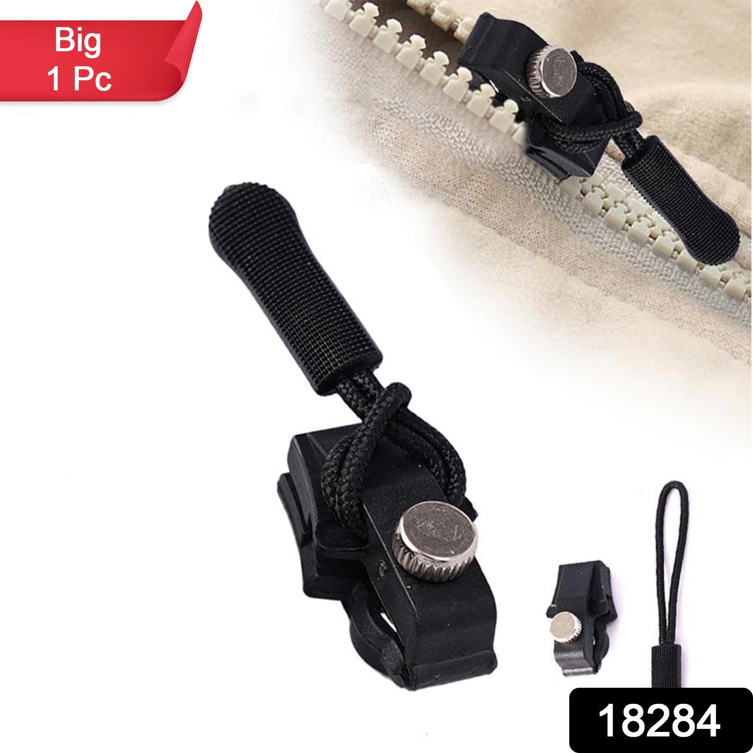 Hand holding the detachable zipper slider, illustrating its ergonomic design and size.