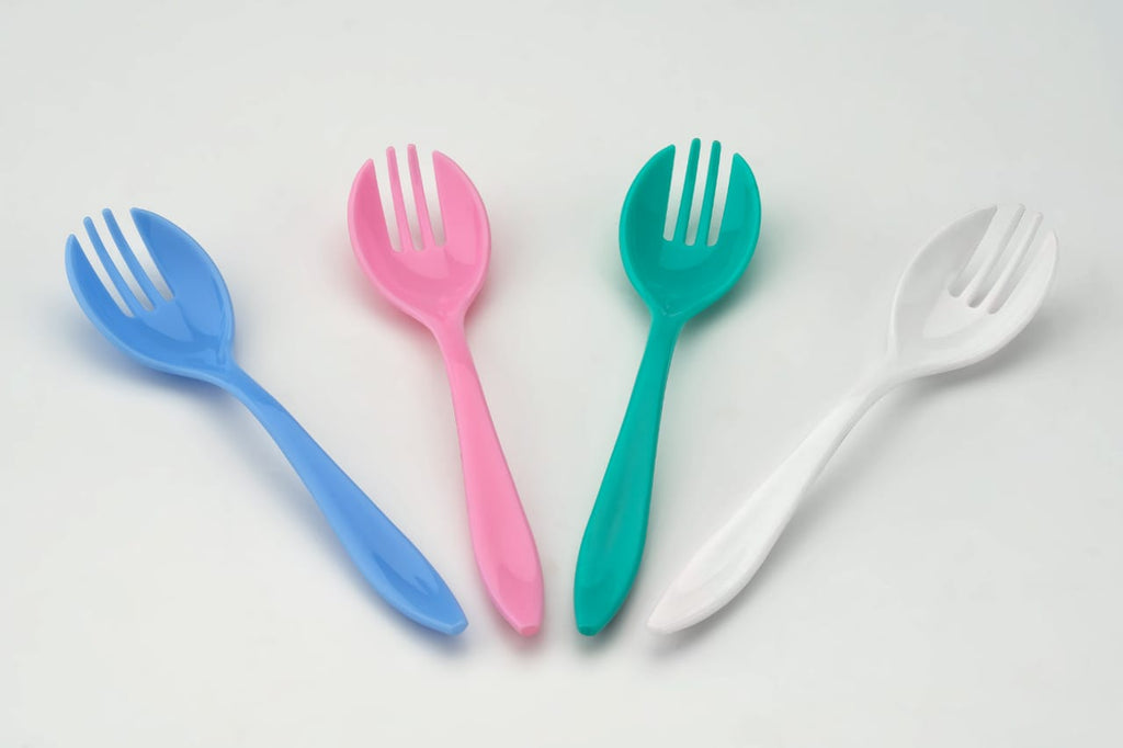 Set of 10 durable plastic dinner forks for family meals.