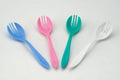 Set of 10 durable plastic dinner forks for family meals.