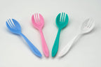 Set of 10 durable plastic dinner forks for family meals.