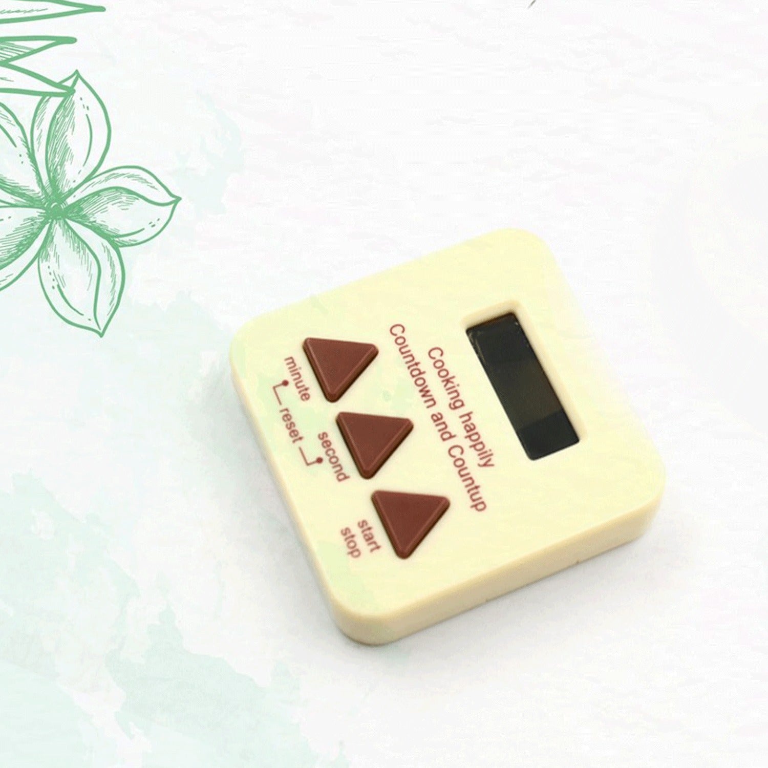 Front view of the digital kitchen timer, highlighting its intuitive buttons and clear digits.