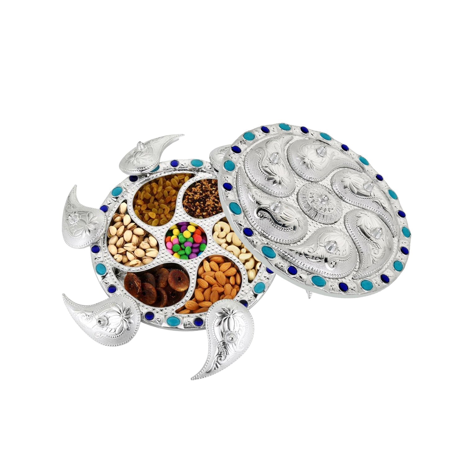 Close-up of the silver-finished Rotating Dry Fruit Tray, highlighting its intricate details.