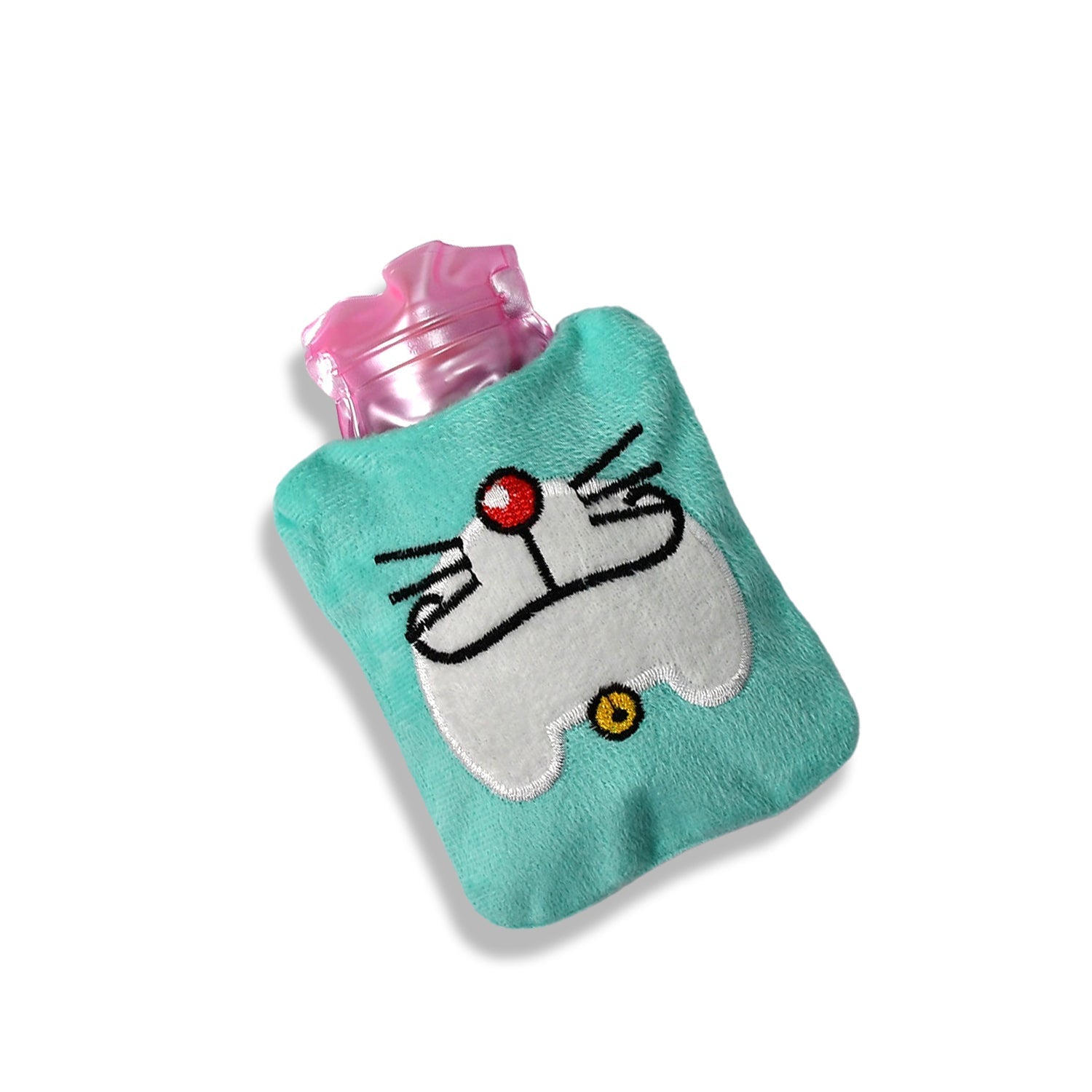 Small Doremon hot water bag for pain relief, showcasing its travel-friendly design.
