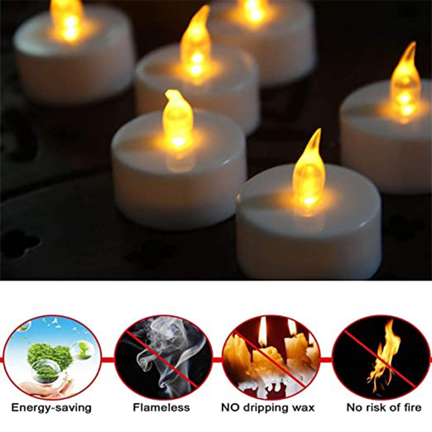 Close-up of battery-operated floating candles in a clear box.
