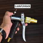 Trigger lock feature on the gold hose nozzle for continuous spraying.