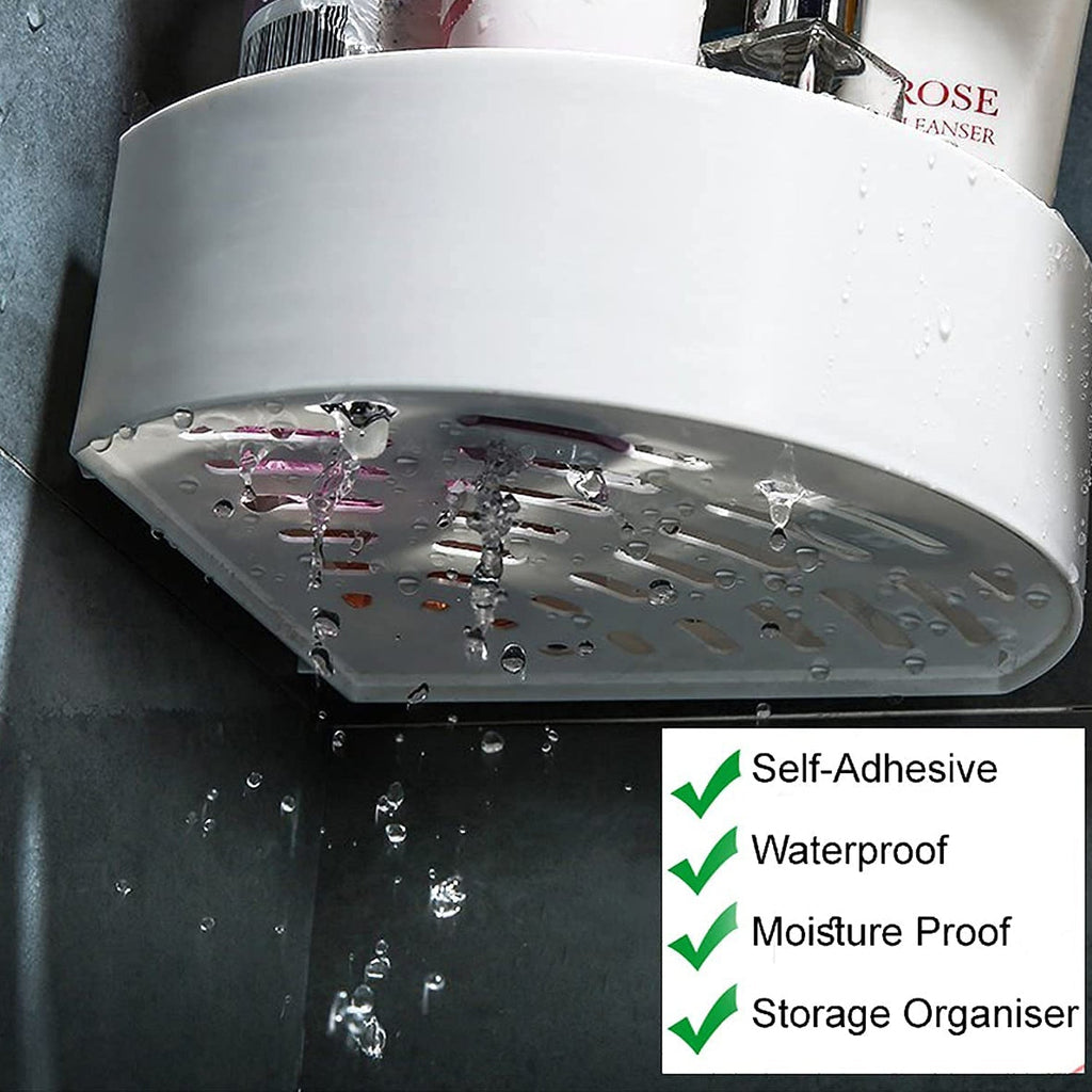 Self adhesive corner shelf holding various bathroom products.