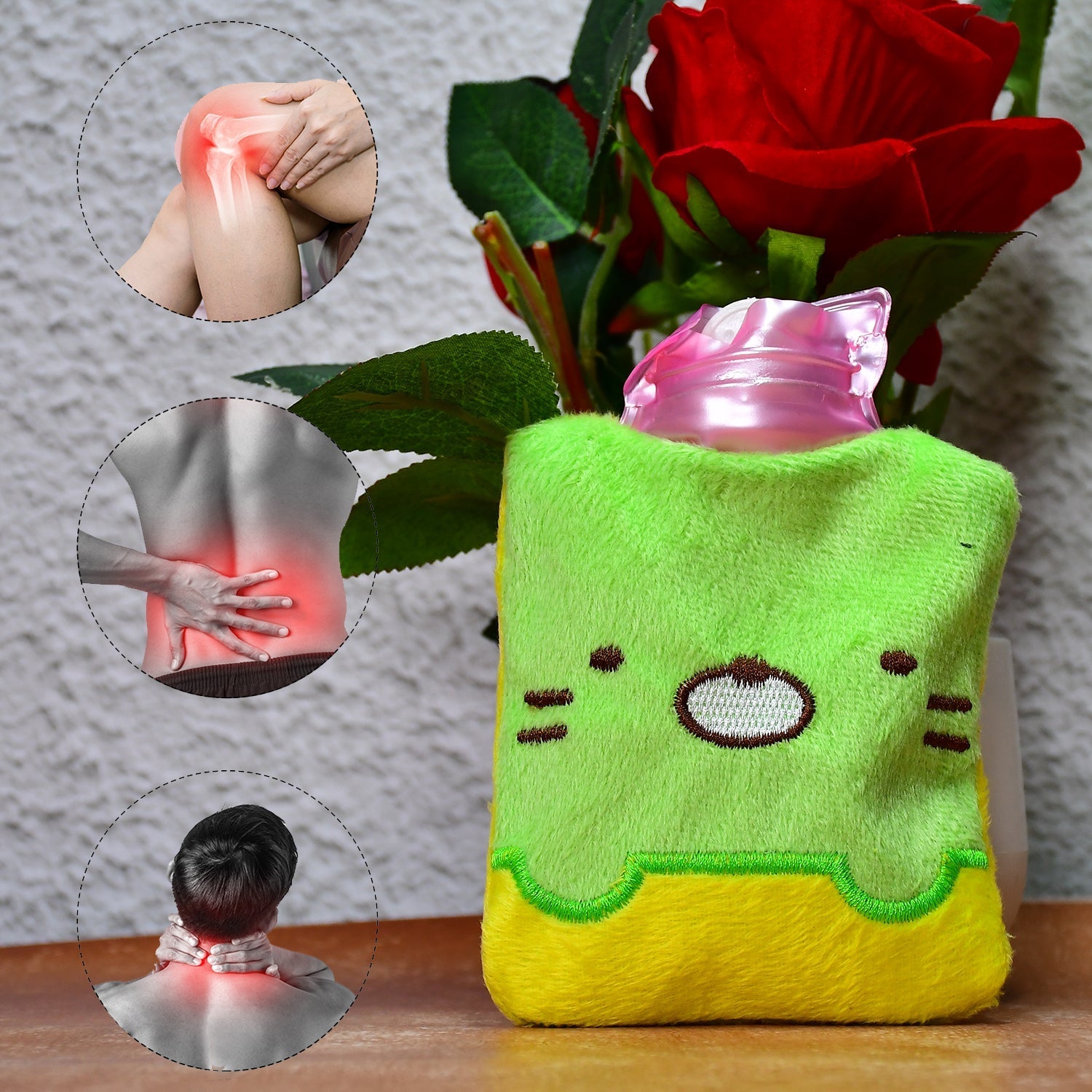 Green Kitty Hot Water Bag displayed with its full soft cover texture.