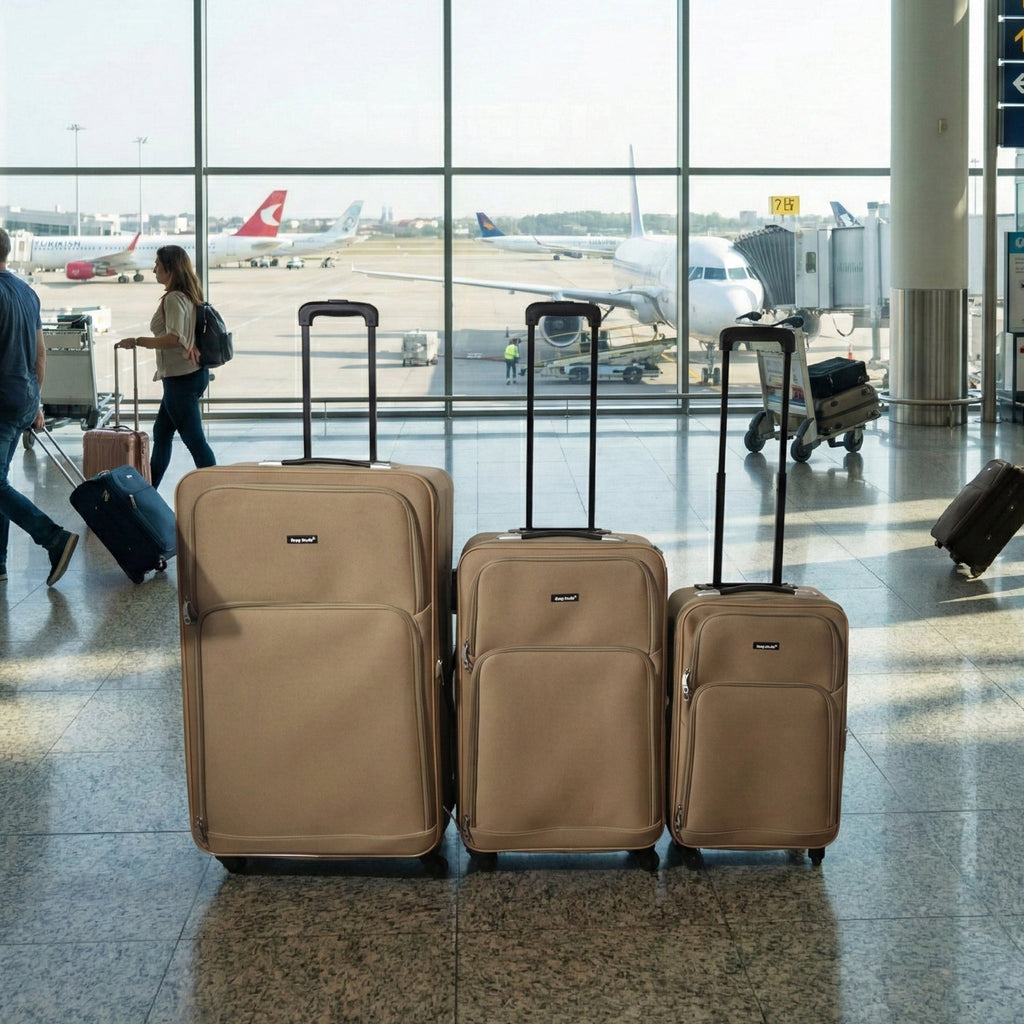 Side view of brown soft side 3-piece luggage set