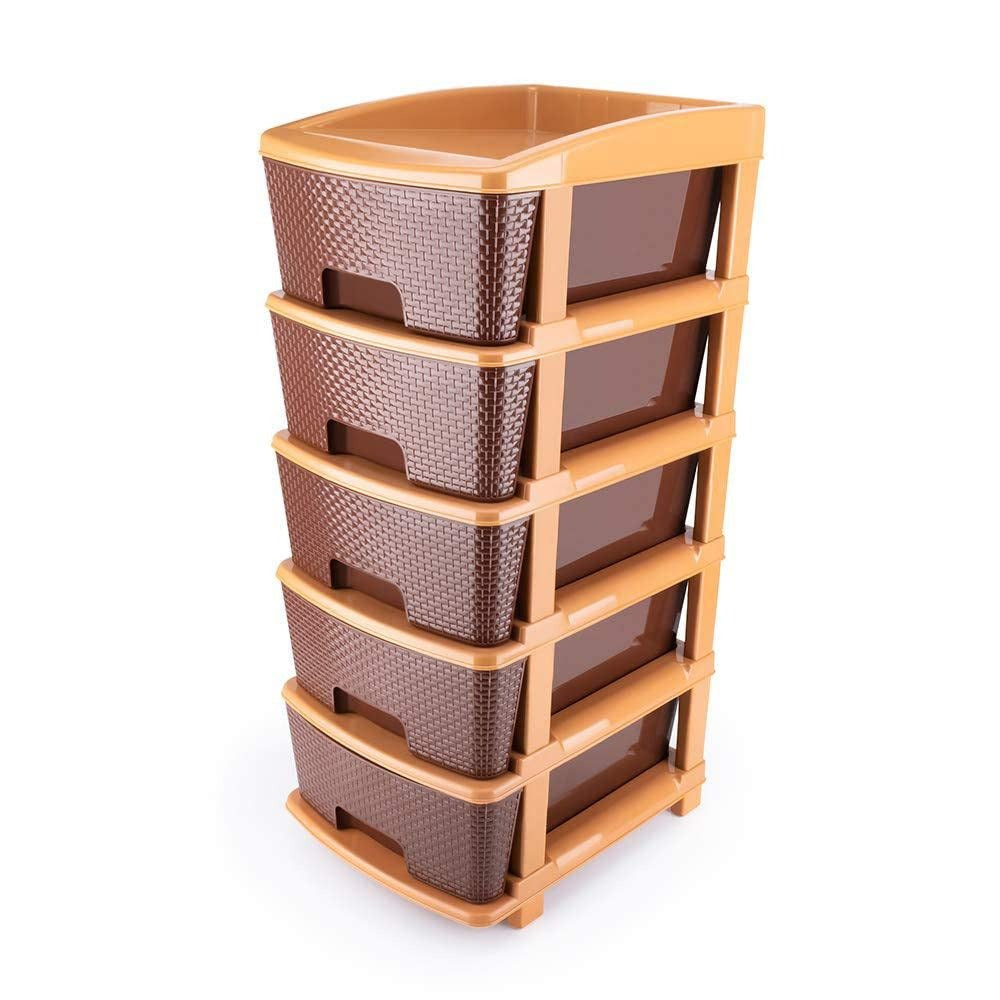 Detailed view of the handles on the 5-tier plastic organizer in brown.