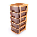 Detailed view of the handles on the 5-tier plastic organizer in brown.
