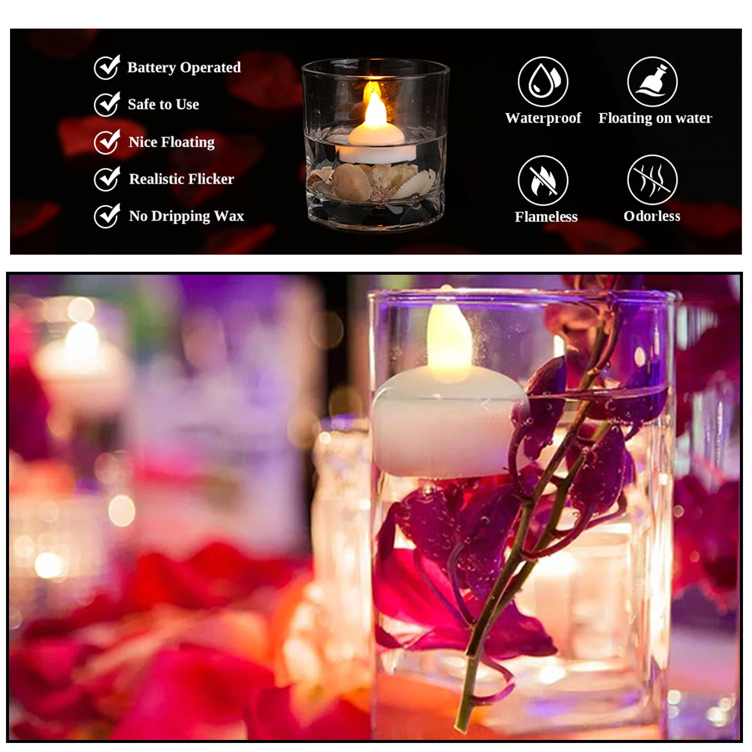 Battery-operated floating LED candles for water surfaces