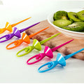 A complete Dancing Doll fruit fork set with six colorful forks and a decorative stand.
