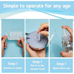 A hand using one of the 10 cleaning brushes to clear a shower head nozzle.