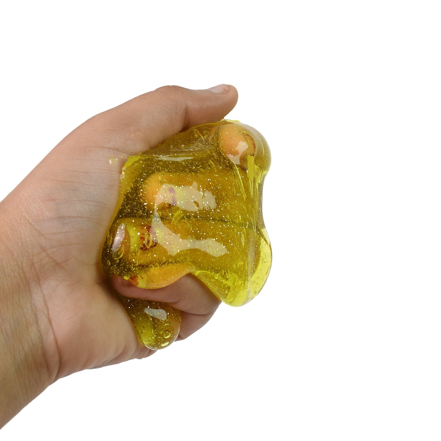 Child's hands gently stretching crystal clear slime, showcasing its elasticity and fun texture.