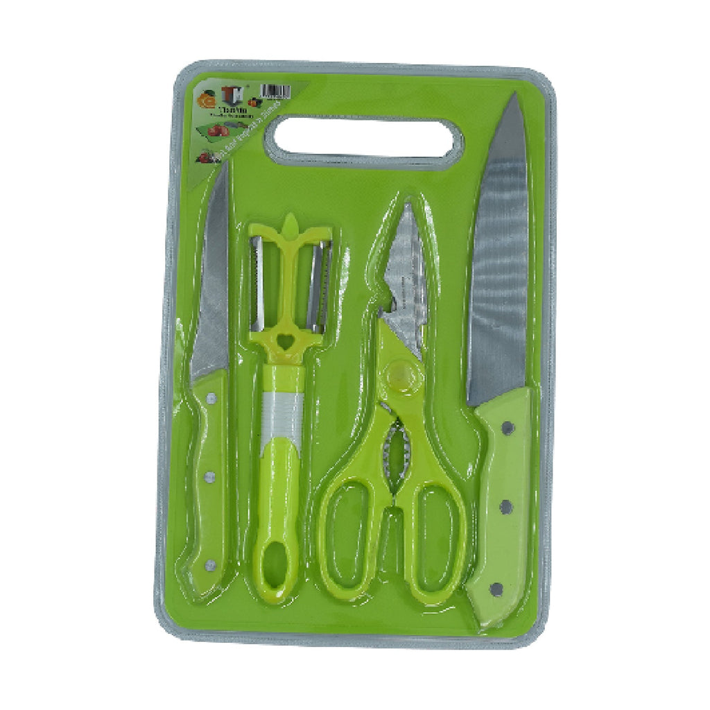 Versatile kitchen tool set featuring a chopping board, knife, and scissors for various needs.