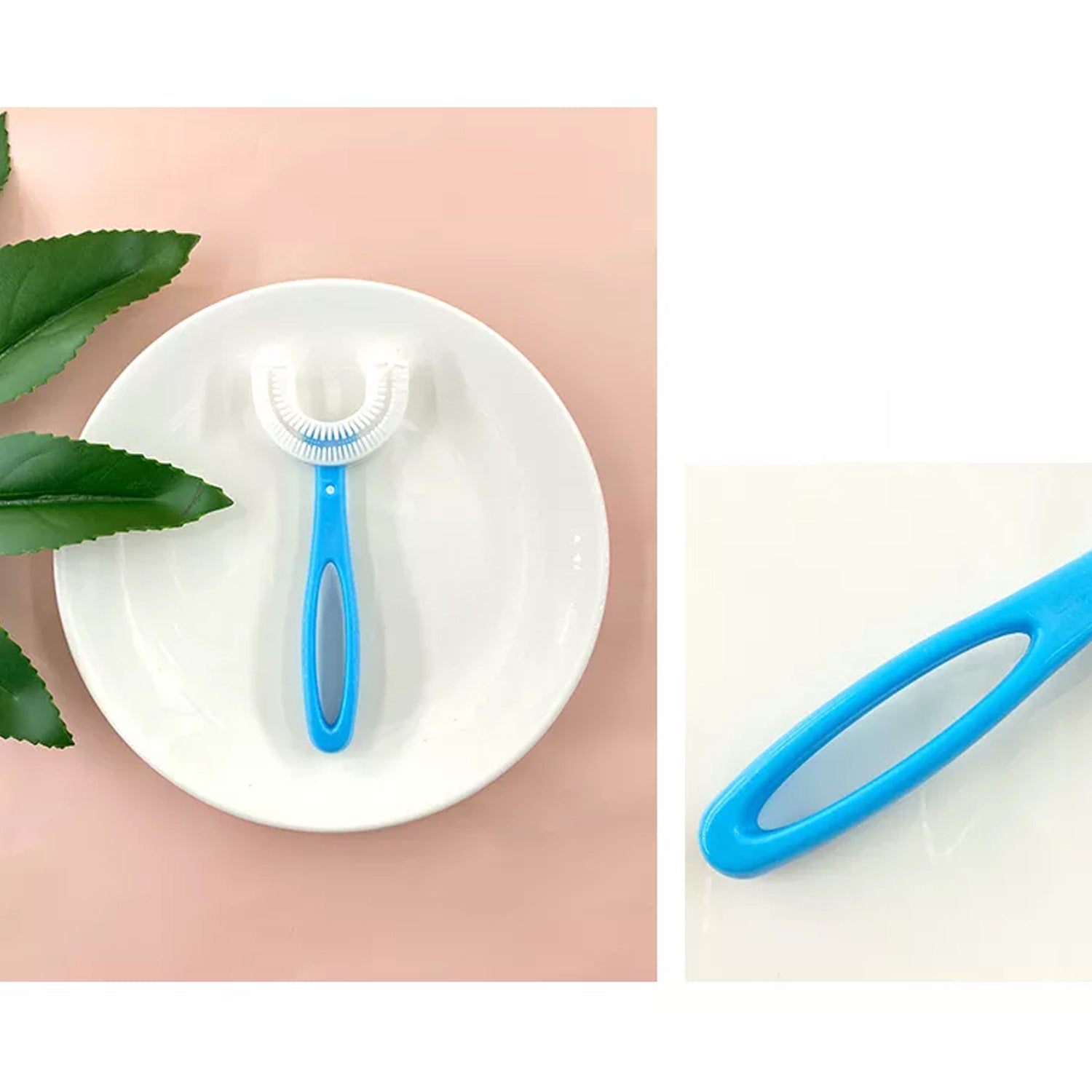 Happy child brushing teeth with a blue U-shaped toothbrush.