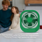 USB fan with clearly visible two-speed control buttons on its base.