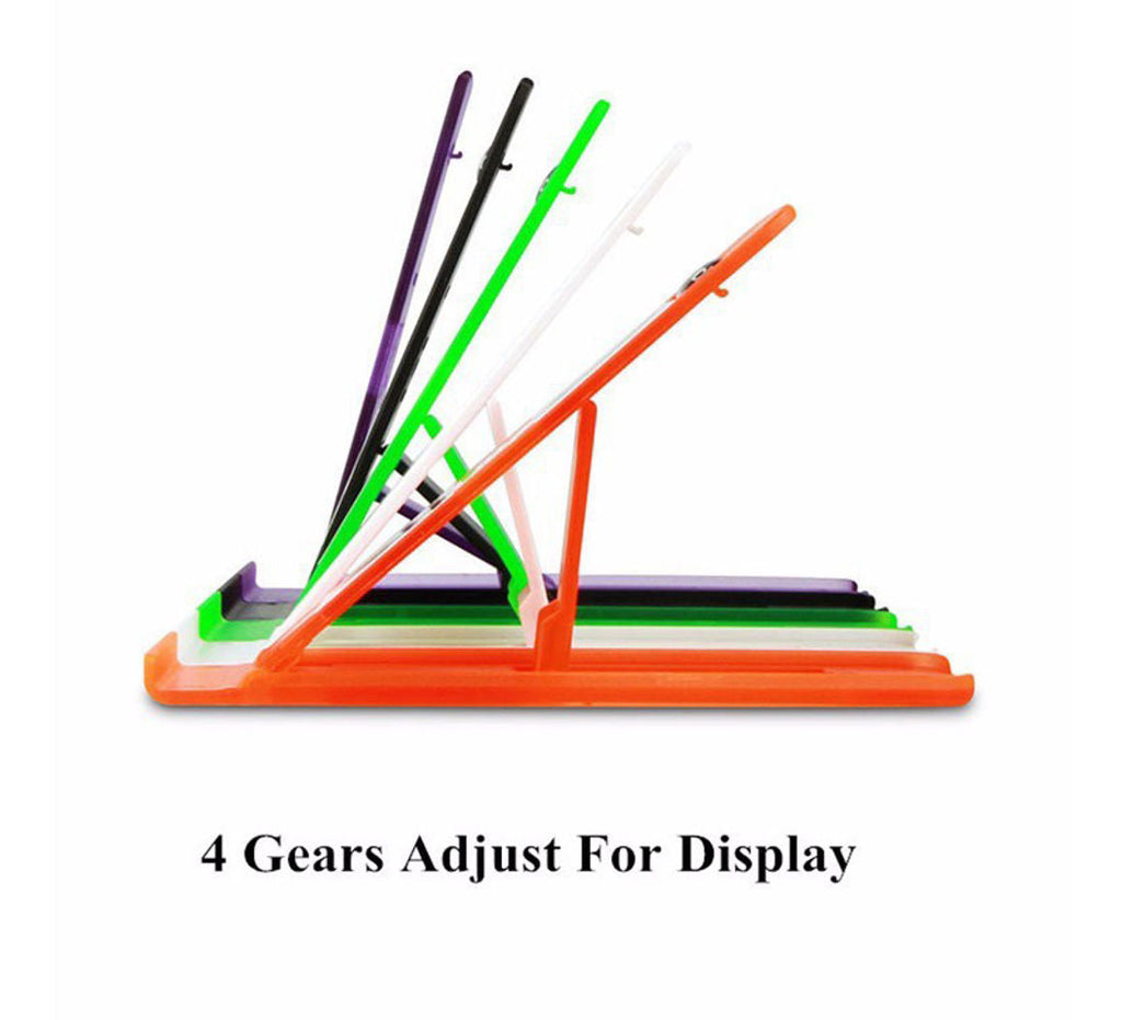 Foldable mobile phone holder stand ideal for travel and storage.