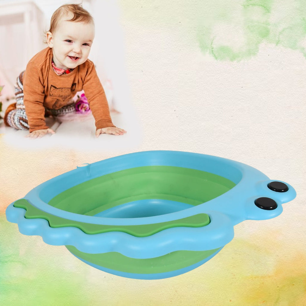 The portable baby basin folded flat, demonstrating its compact form for easy travel.