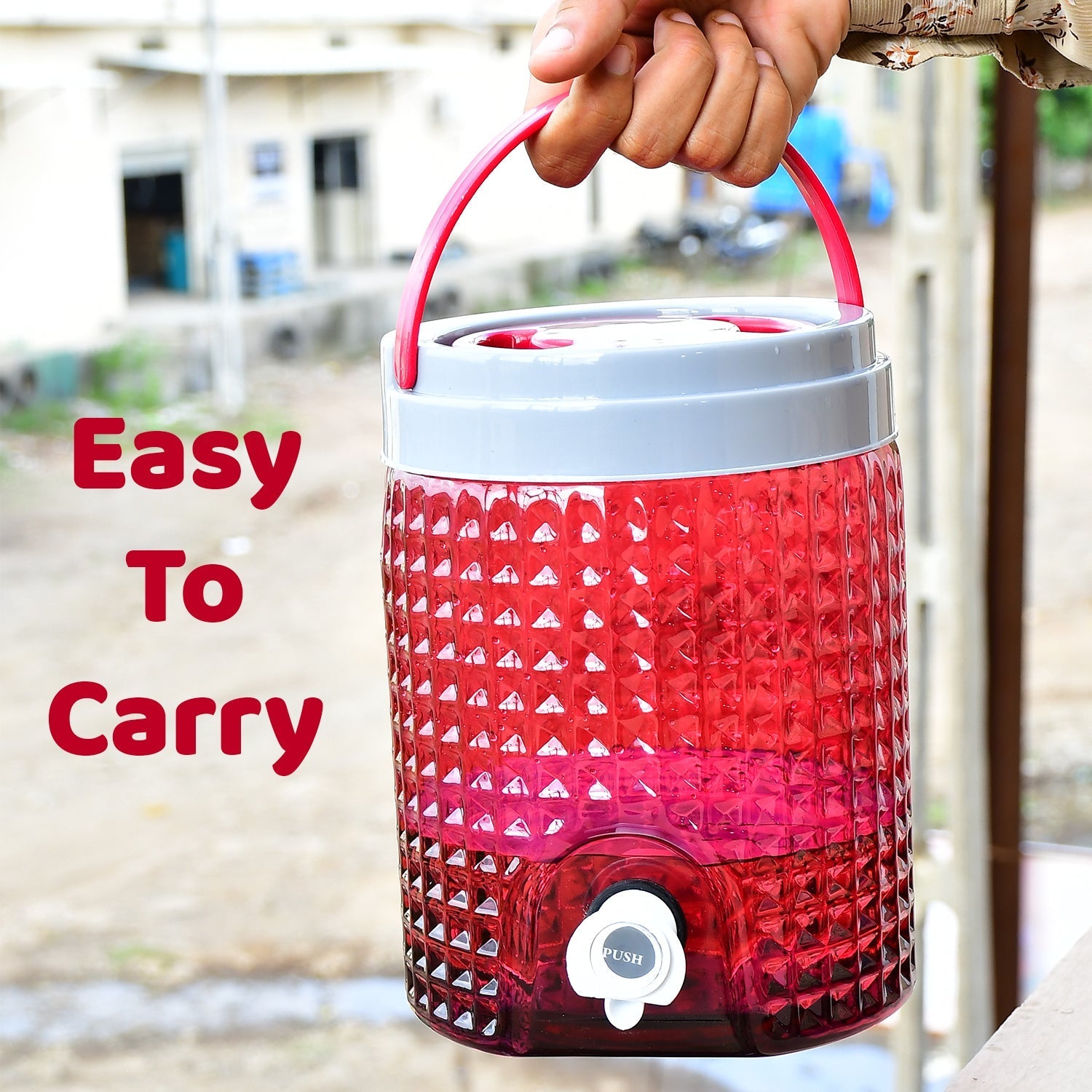 Decorative plastic water jug adds a touch of elegance to any table.