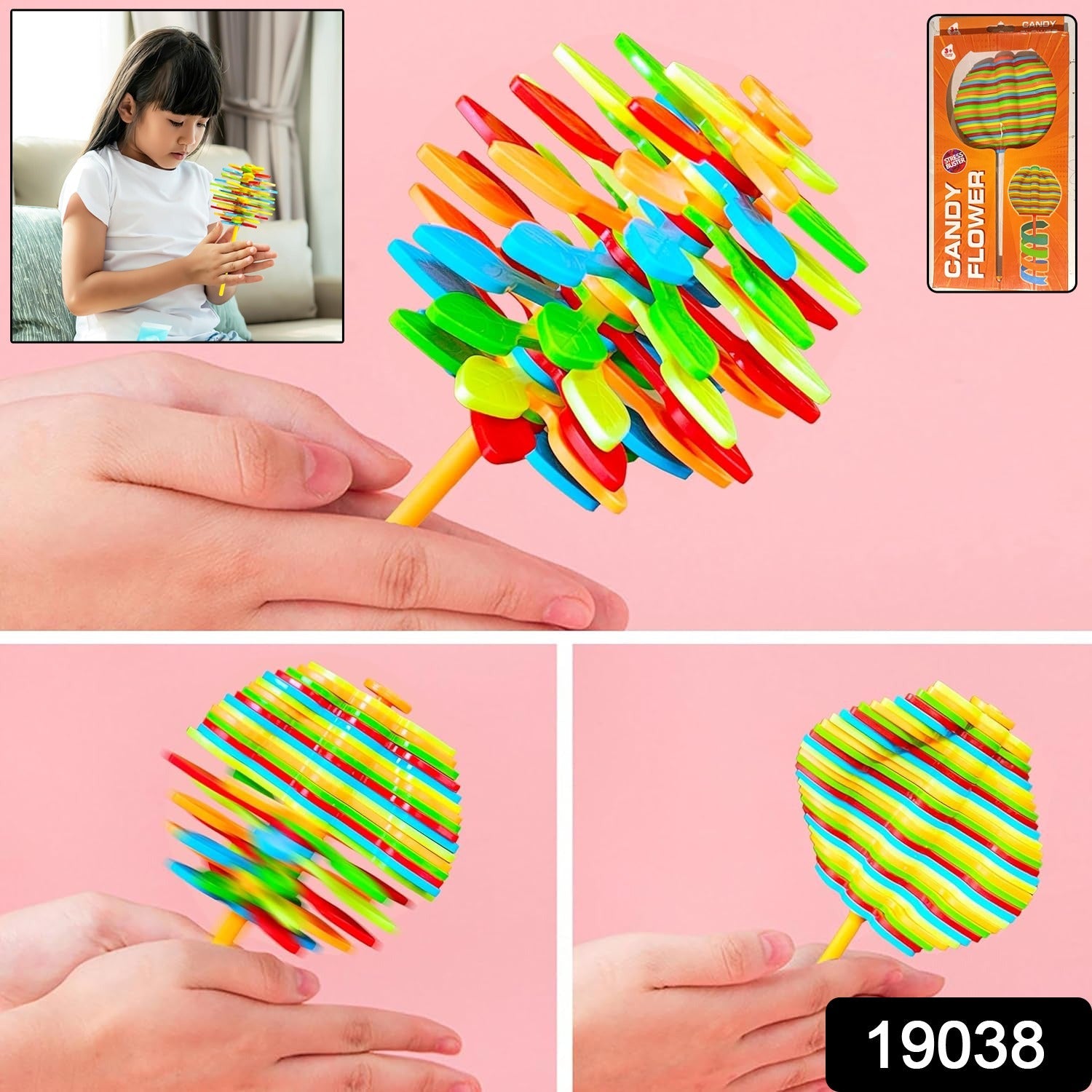 Close-up of vibrant Spin Flower Candy rotating toy in bright colors
