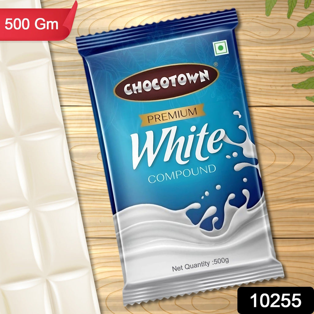 Close-up of the Chocotown White Compound Chocolate slab in its branded packaging.