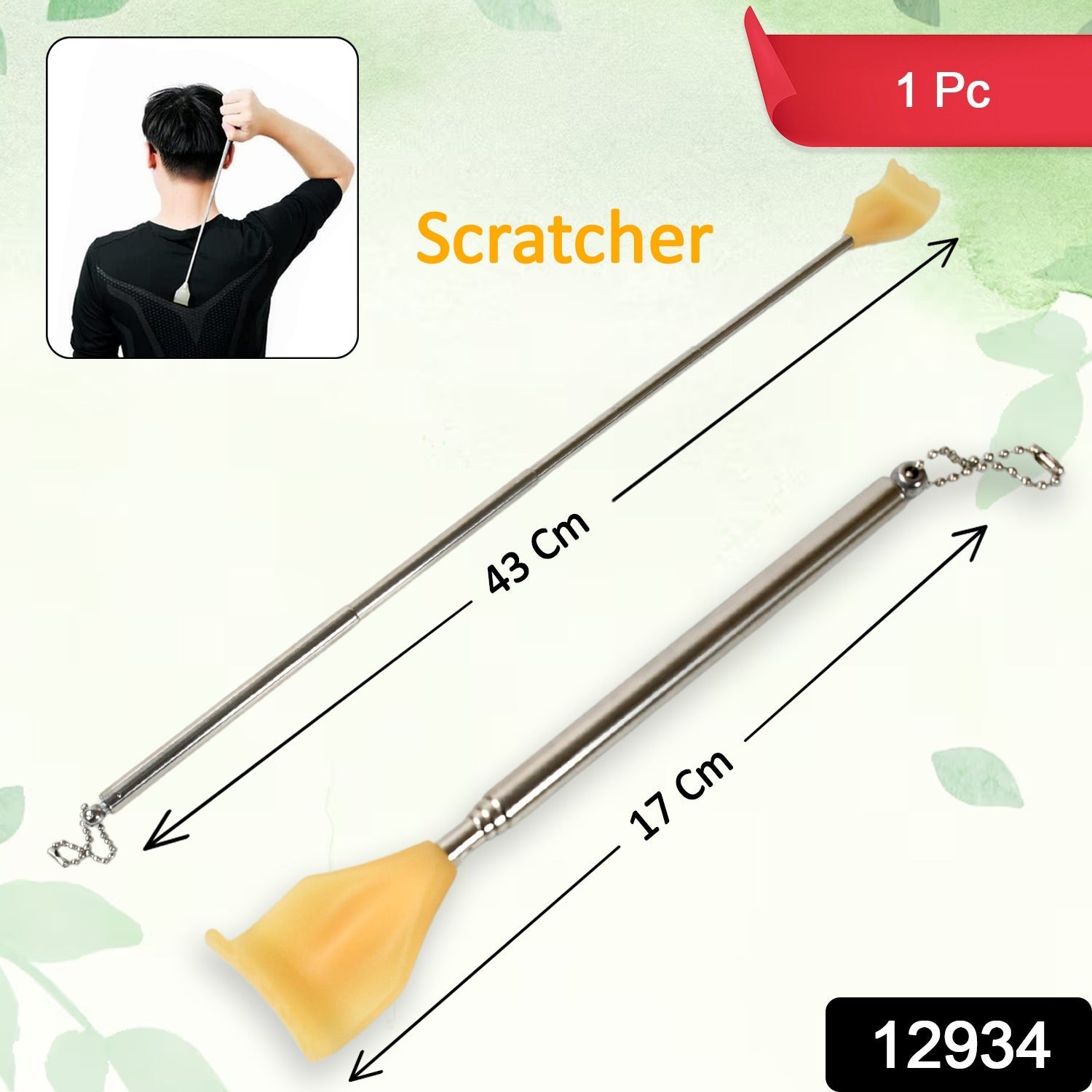 Compact, retracted back scratcher with ergonomic rubber handle, ideal for portability.