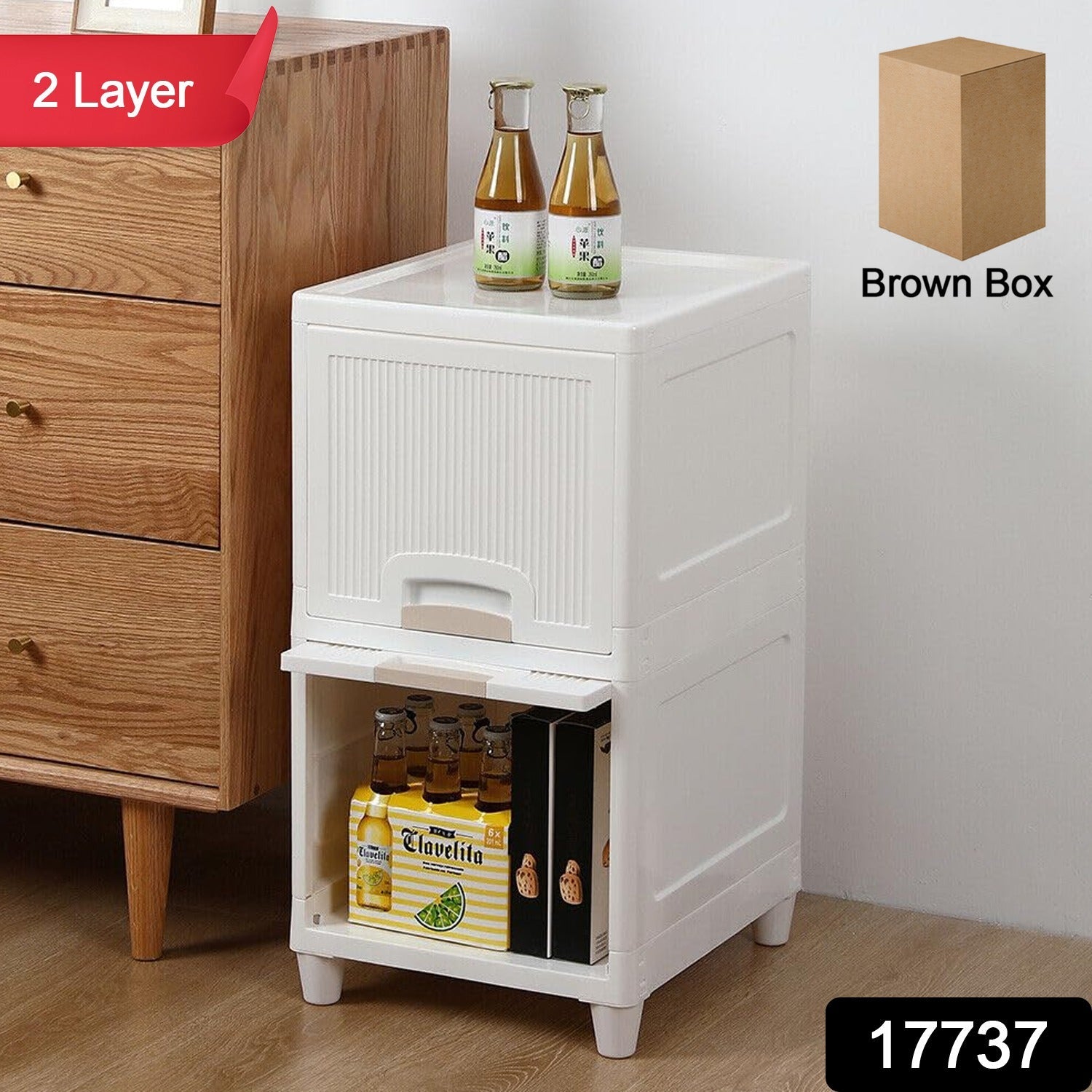 Stackable plastic storage drawers helping organize a cluttered space in a home.