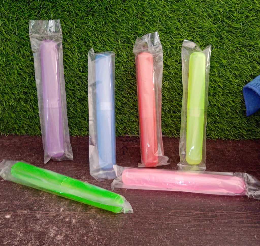 Multiple compact plastic toothbrush cases for the entire family's travel needs.