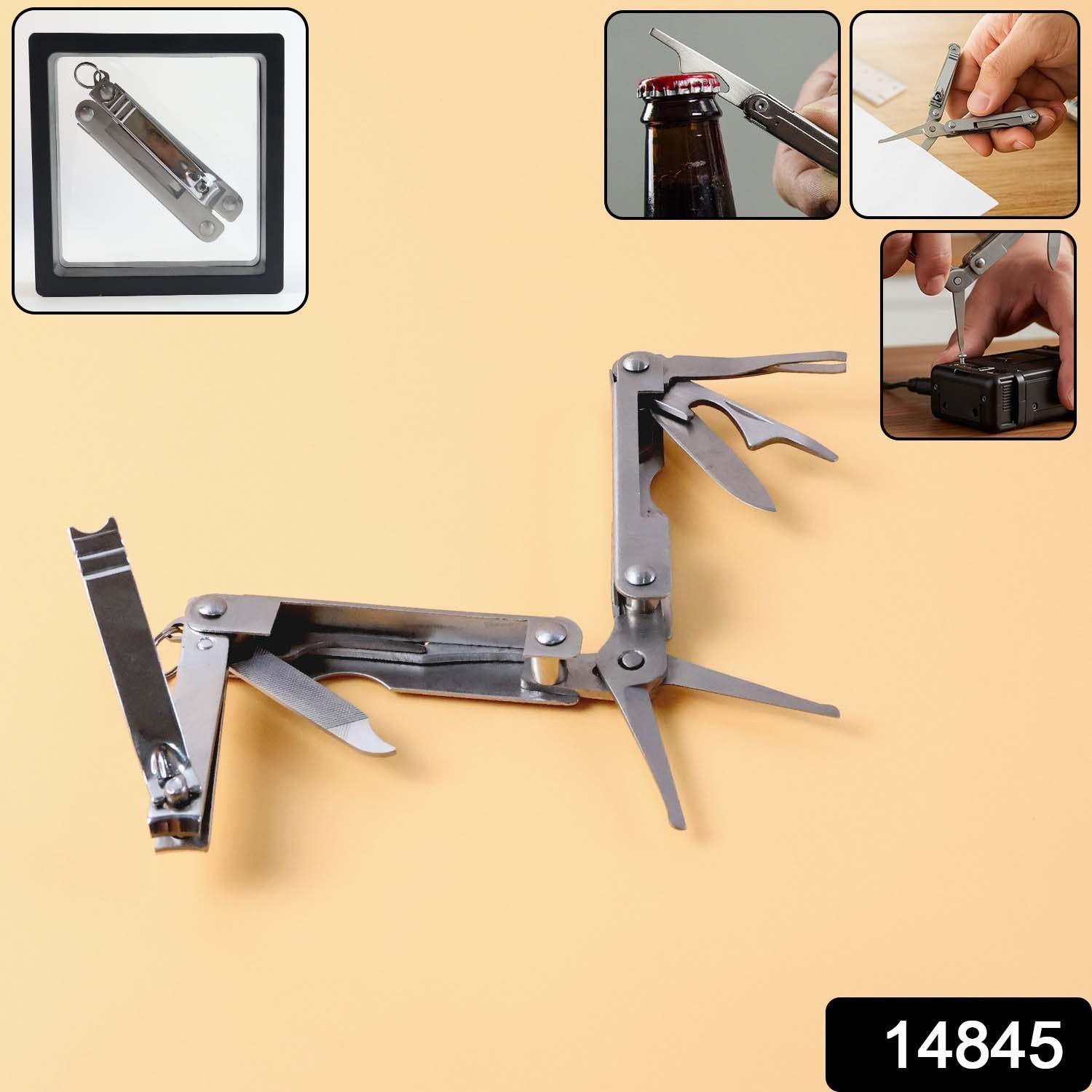 Foldable pocket tool kit featuring knife, scissors, and nail clipper