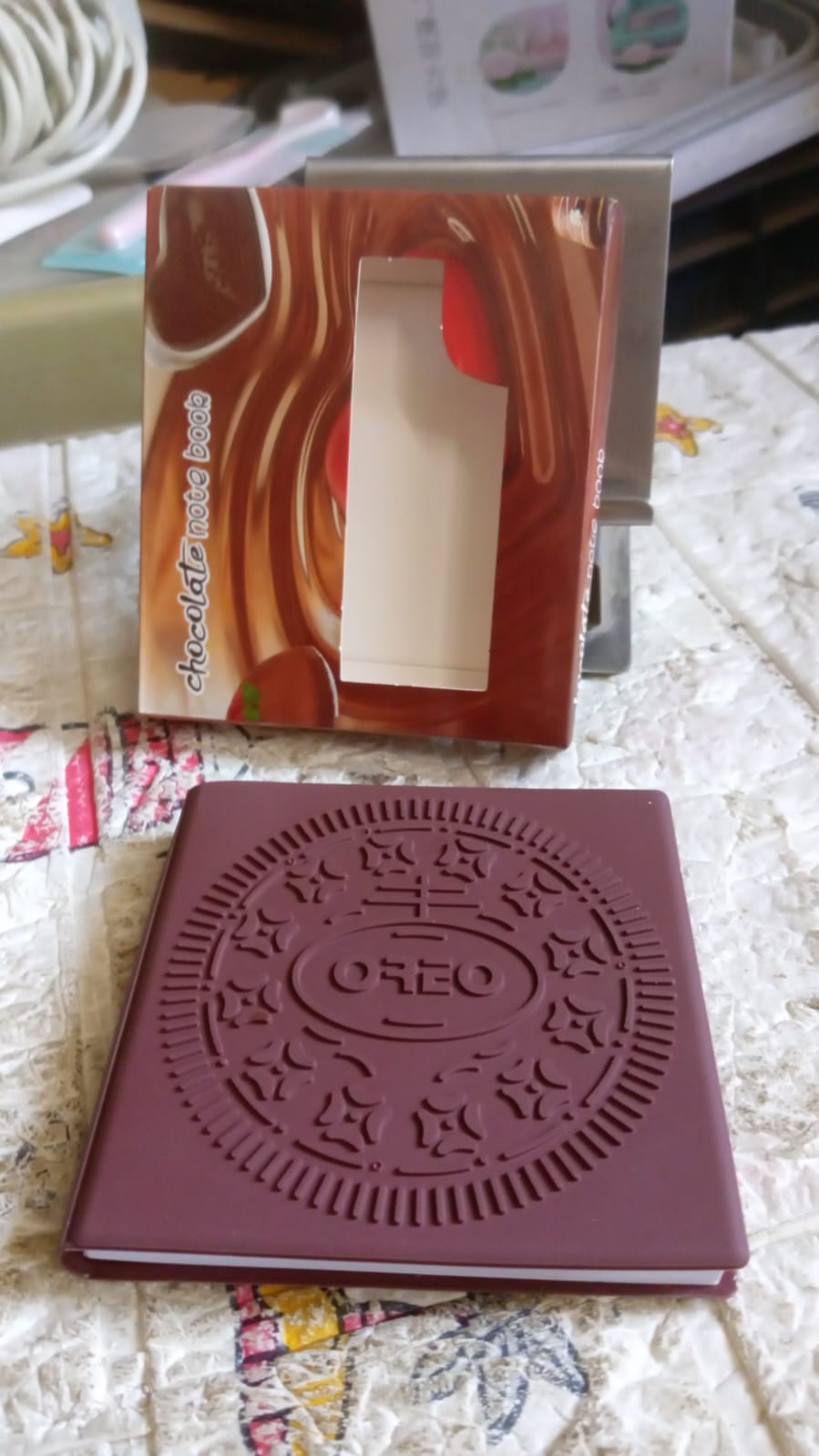 Packaging of the chocolate scented notebook, ideal for gifting.