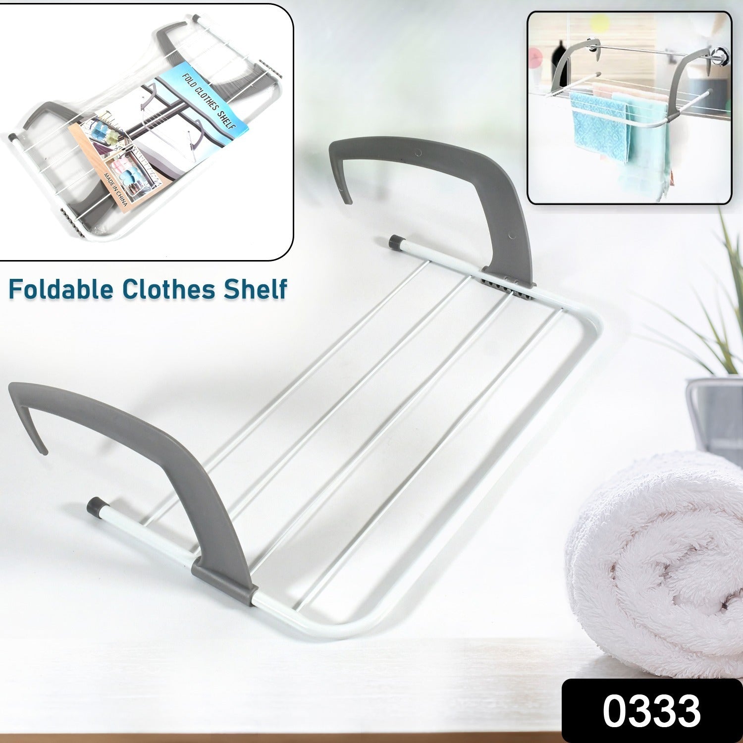Compact folding drying rack securely attached to a balcony railing, ideal for outdoor use.