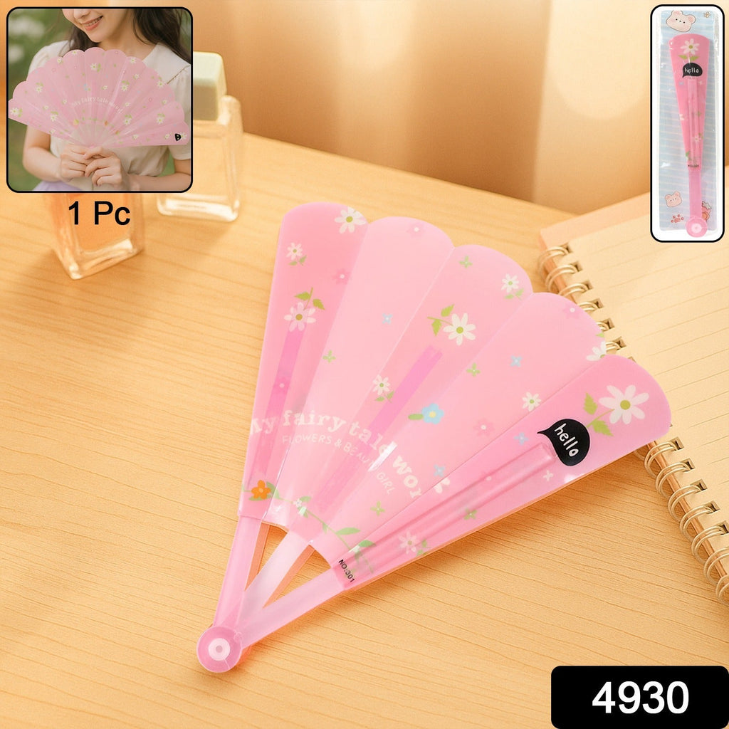 Foldable hand fan fully opened showcasing vibrant floral print