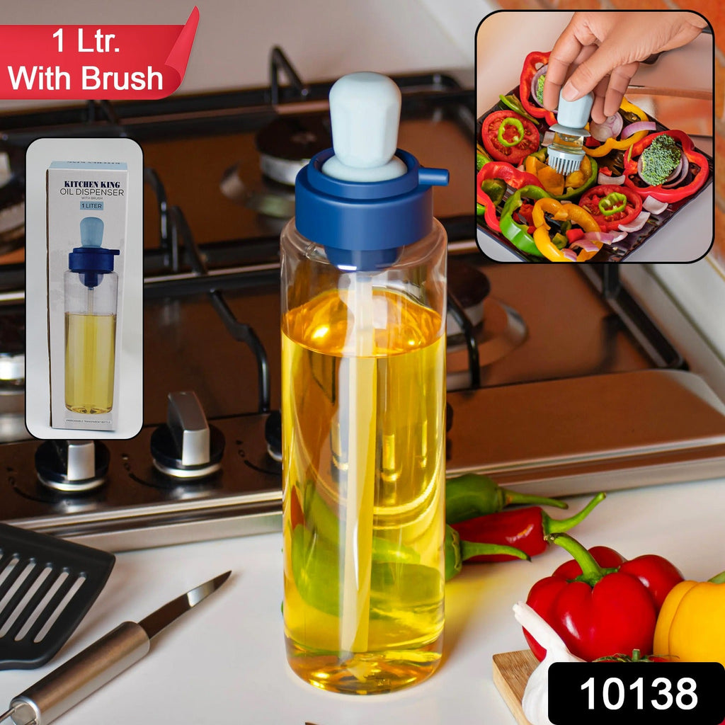 Close-up of the 2-in-1 oil dispenser bottle showcasing its silicone dropper and basting brush.