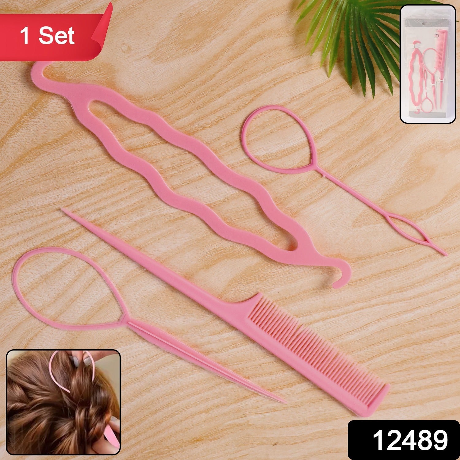Woman creating a neat ponytail using hair styling tool set