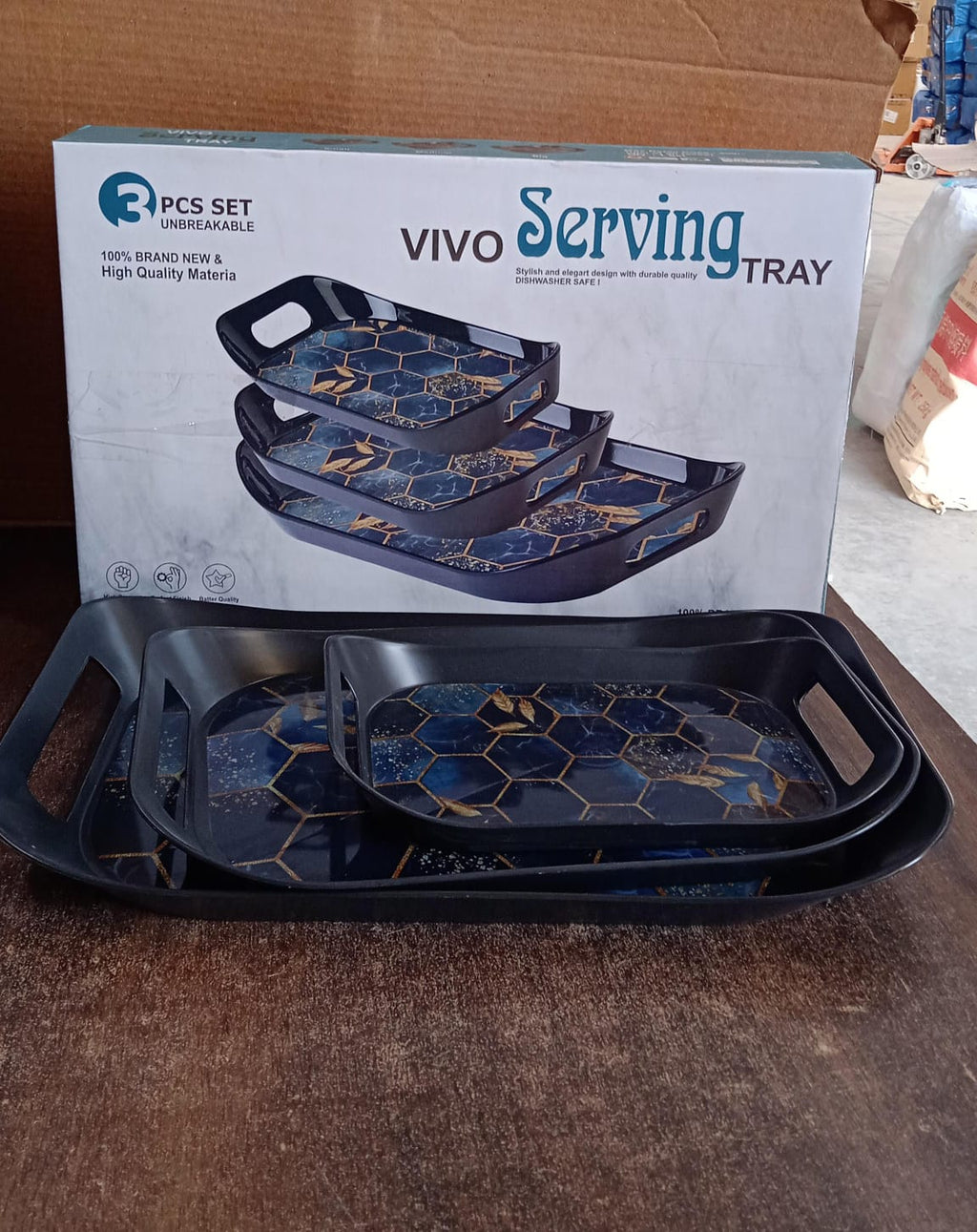 Plastic serving trays displayed in modern kitchen setting ready for use