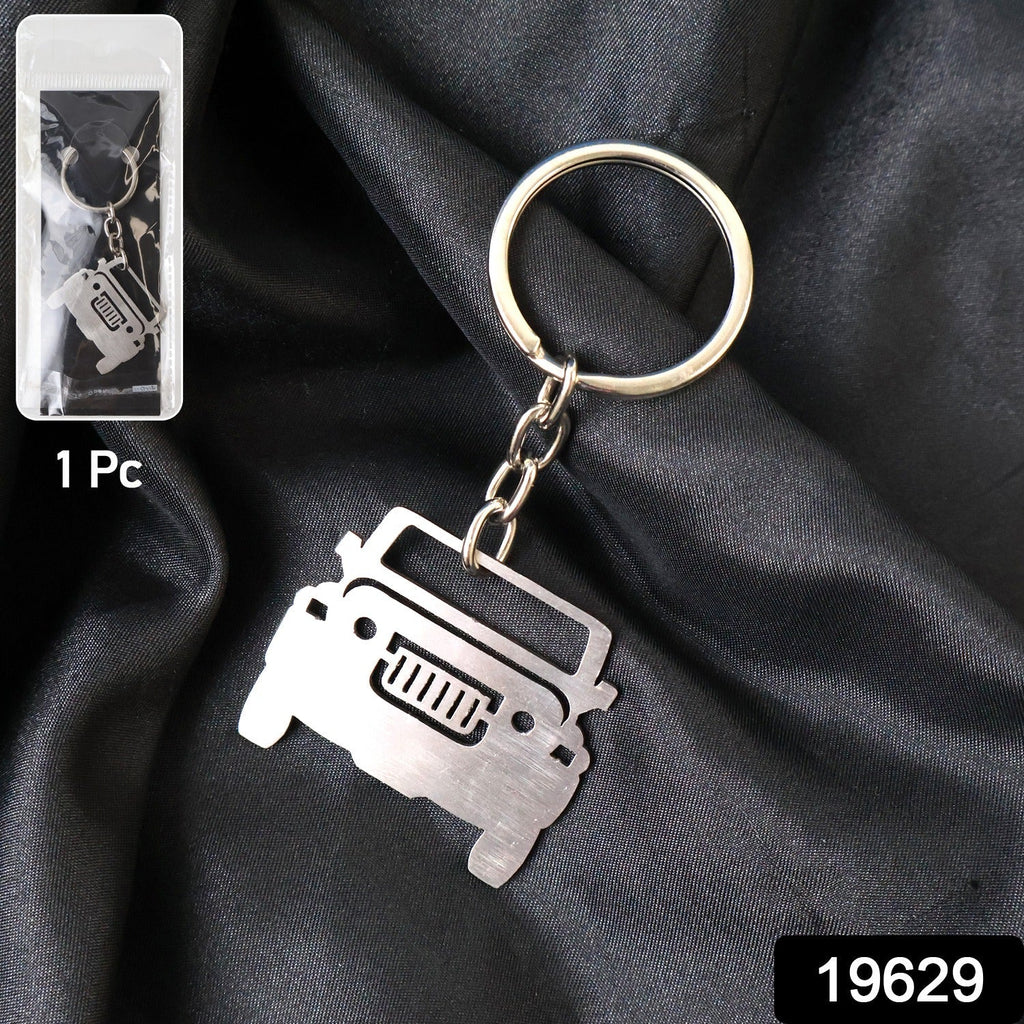 Laser-cut metal jeep design on keyring for car keys