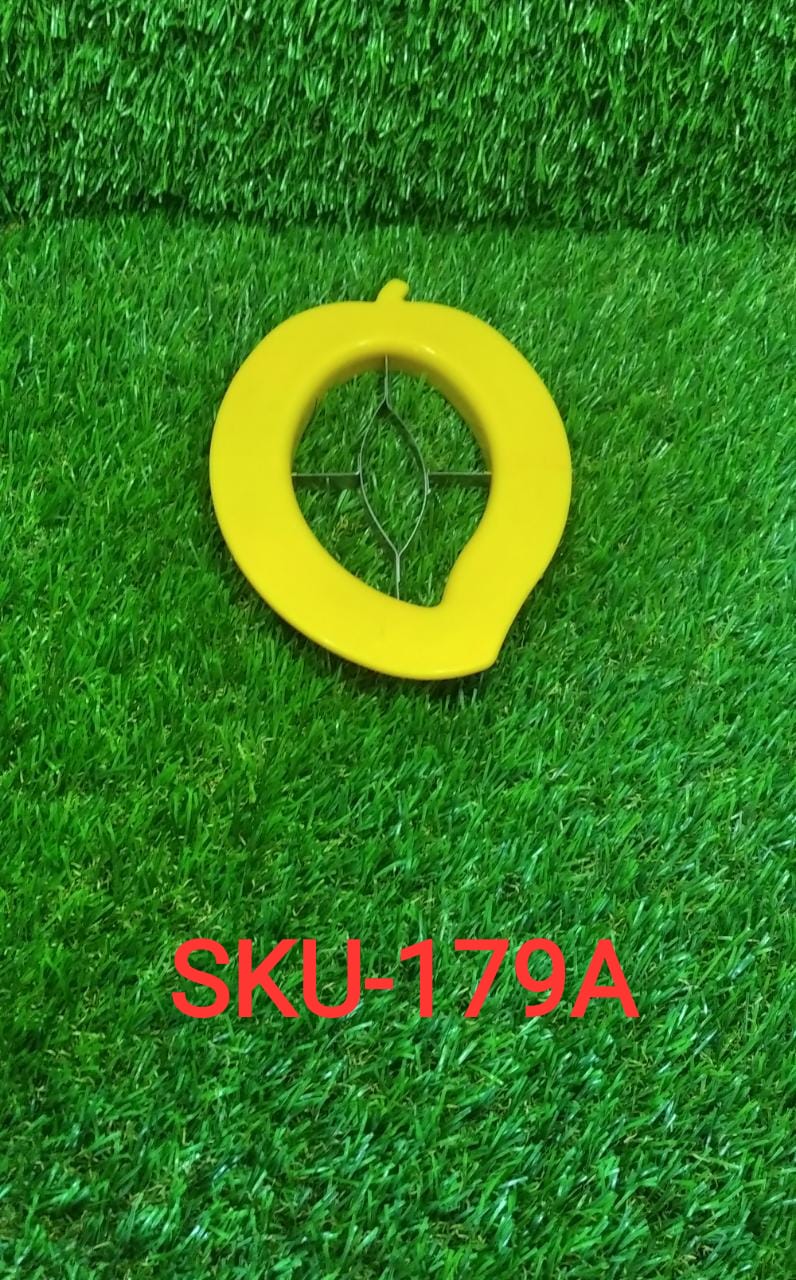 A vibrant yellow mango cutter on a kitchen counter, ready for use.