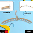 Compact folding clothes hanger ideal for travel and small spaces.