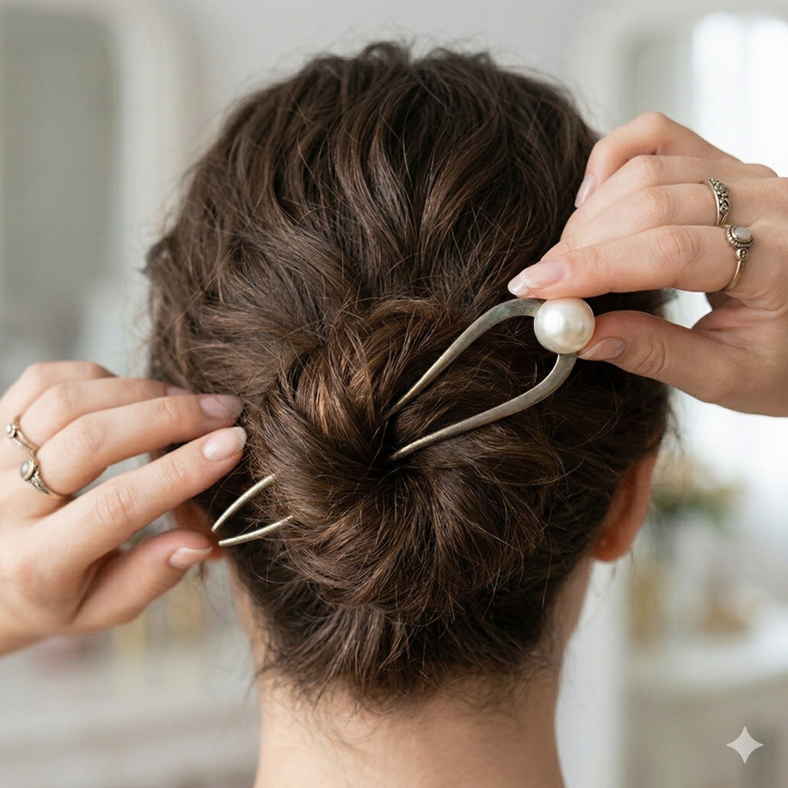 Hair bun styled with pearl hair pin