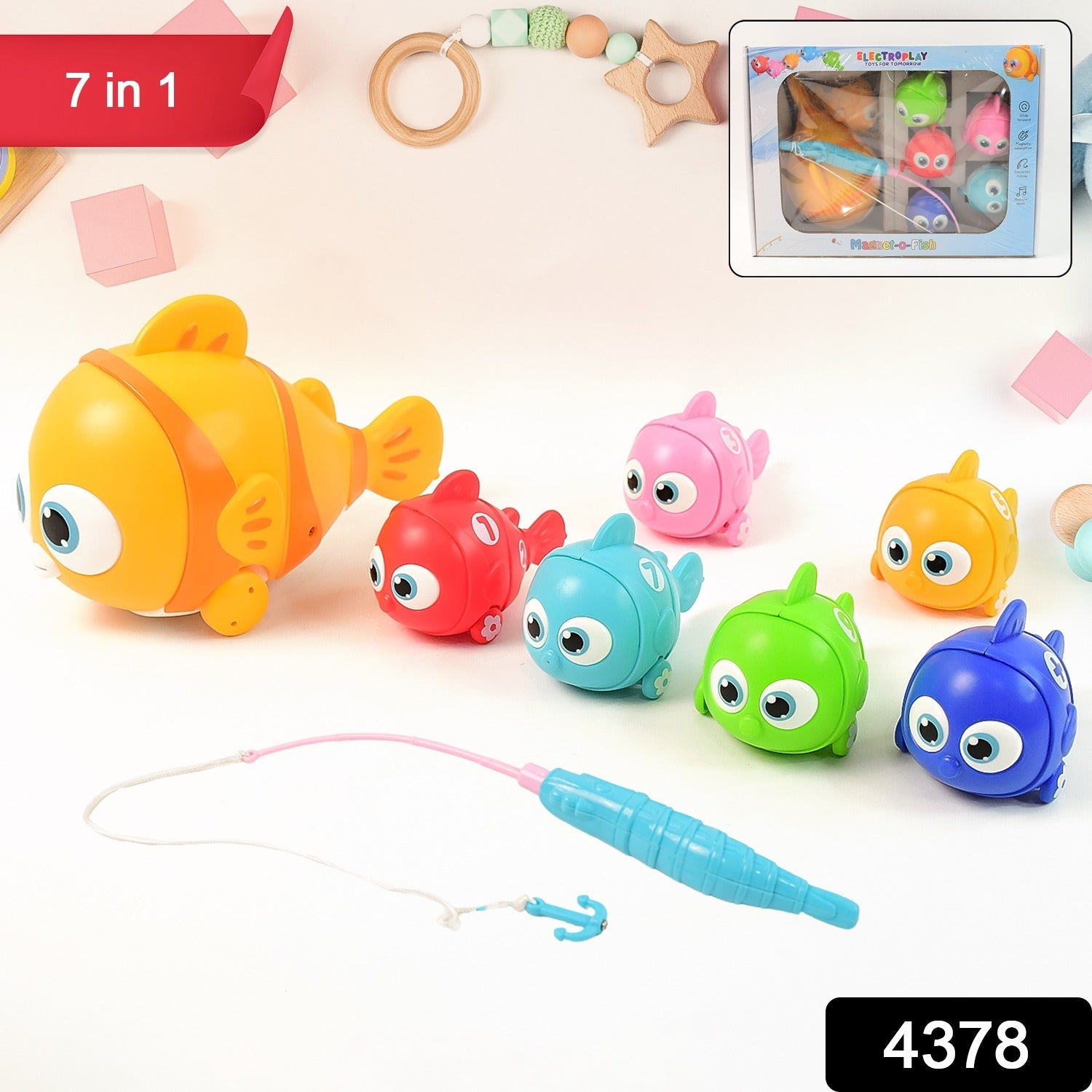 Close-up of aqua themed magnetic fishing game toy for children